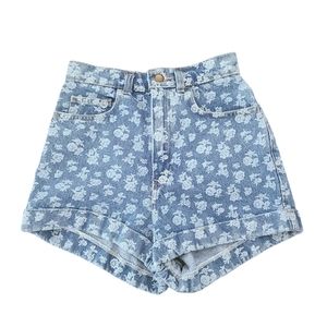 American Apparel White Floral Printed Denim High Waisted Cuffed Sho…